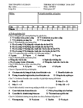 Đề thi học kì I Sinh học lớp 8 - Năm học 2016-2017 - Trường THCS Xã Đàn